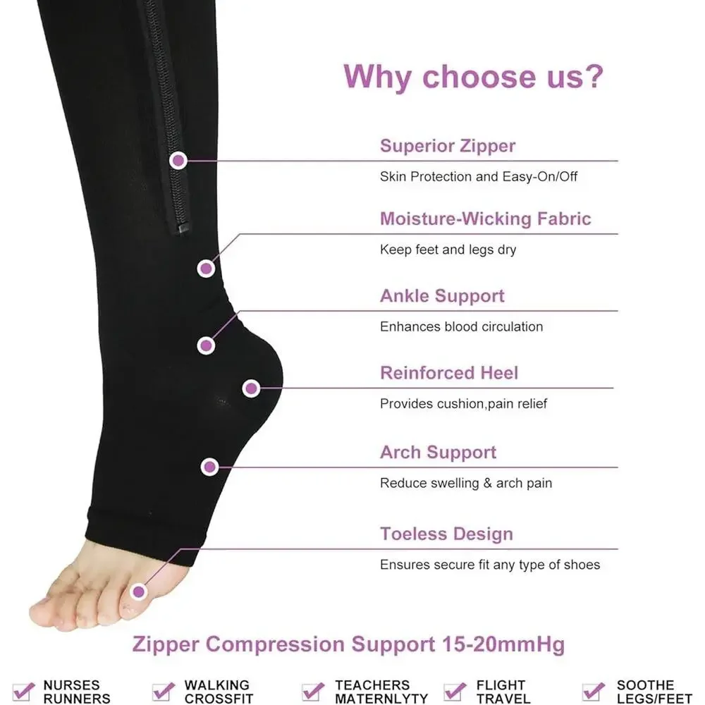 3 Pairs Zipper Compression Socks Women Open Toe Black L/XL